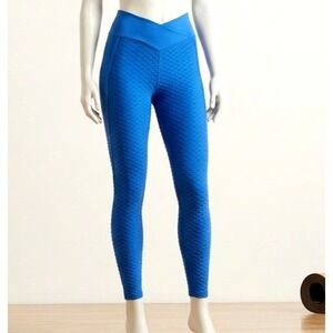 Waffle Texture High‎ Waisted Tie Waist Honeycomb Leggings Large Blue Yoga